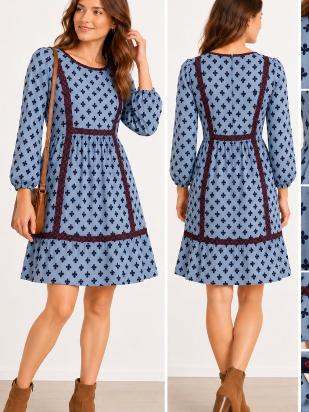 Boden Luna Dress Womens 6P Blue Floral 3/4 Sleeve Trapeze Swing Knee Lengt